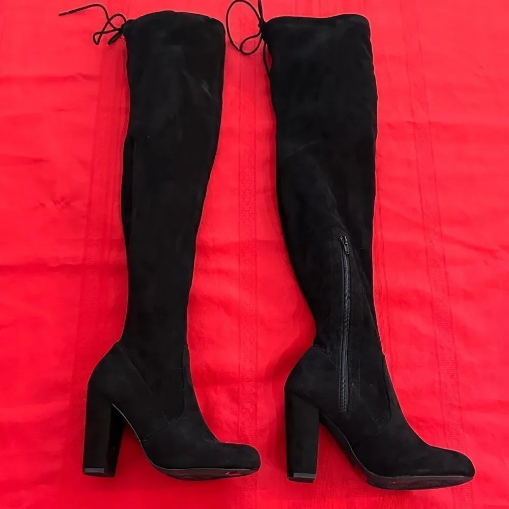 Olivia Ferguson Chic Black Suede Over the Knee Tie/Zip Boots Size 7.5